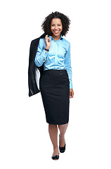 Image showing Business, black woman and full body suit portrait with confident, proud and happy smile of people in studio. Corporate ceo and professional fashion of person on isolated white background.