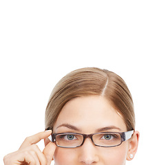 Image showing Portrait, mockup and glasses with a woman in studio isolated on a white background for a prescription lenses test. Eyewear, vision or frame with an attractive young female on blank space for eye care