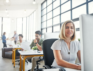 Image showing Company, computer and business woman in office working on online email, website research and project. Productivity, corporate agency and female worker at desk for planning, schedule and strategy