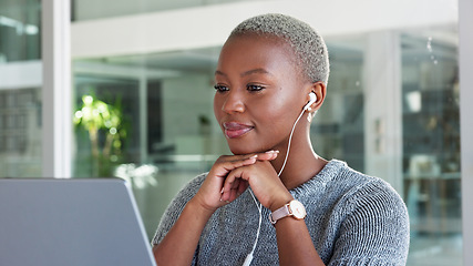 Image showing Office, video call and business woman in virtual conference meeting with feedback on ppt proposal at global networking company. Corporate manager talking in a leadership workshop, seminar or webinar