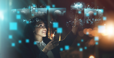 Image showing Woman, tech overlay and phone in night at office for finance research, data analytics or digital job. Cybersecurity expert, fintech or focus in dark workplace with 3d hologram abstract with happiness