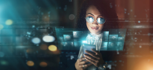 Image showing Futuristic, AI and business woman, smartphone and connectivity, cyber data overlay and technology innovation. Digital transformation, mockup space and tech analytics, dashboard and internet hologram