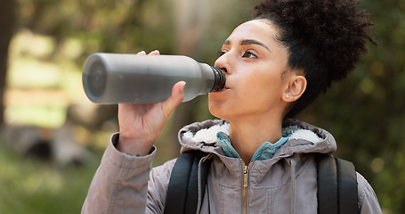 Image showing Hiking woman drinking water in nature, forest and mountain park for healthy lifestyle, wellness and outdoor adventure. Young black girl, water bottle and trekking, freedom and walk in morning woods