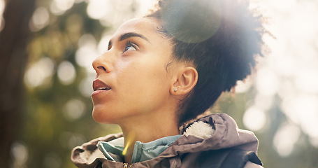 Image showing Beauty, sunshine and freedom for girl hiking in nature forest or woods for peace, fitness exercise or training workout. Travel adventure, wellness journey or black woman trekking in Amazon Rainforest