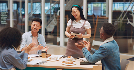 Image showing Diversity students, restaurant and team with tablet working on collaboration project at shopping mall cafe store. retail coffee shop meeting, teamwork or digital report presentation from girl speaker