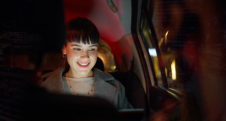 Image showing Travel, car and business woman with tablet for research, social media or internet browsing. Transport, night and happy female professional with digital technology for networking and web scrolling.