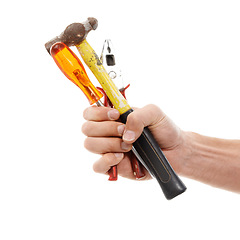 Image showing Handyman, industry and hand with tools in studio for repairs, maintenance or building. Industry, repairman and male industrial worker with hammer, screwdriver and pliers isolated by white background.