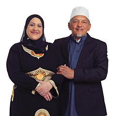 Image showing Love, islam and portrait of elderly happy couple together in studio with smile isolated on white background. Religion, marriage and culture for muslim couple, senior man and happy woman from Morocco.