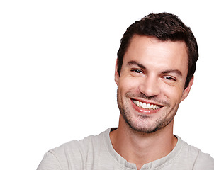 Image showing Smile portrait, handsome man and close up in white background for happiness, positive mindset and relax lifestyle. Model face, happy and big smile, calm energy and confidence isolated in studio