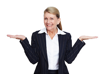 Image showing Portrait, business and senior woman with presentation, corporate training or female isolated on white studio background. Mature lady, presenter or speaker with smile, mentor with feedback or coaching