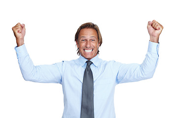 Image showing Celebration, fists and portrait of a businessman in studio excited about a job promotion or good news. Winning, celebrate and corporate male model celebrating achievement isolated by white background