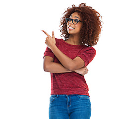 Image showing Black woman, pointing finger and studio with smile, beauty and casual clothes by white background. Woman, isolated model and hand sign with fashion, jeans and glasses on face with natural afro hair