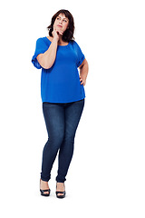 Image showing Woman, thinking and fashion idea of plus size model on a white background for planning, decision and choice. Full body of model in studio to think about ideas, promotion or inspiration to lose weight