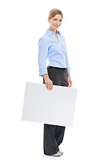 Image showing News, announcement and businesswoman with blank sign, mockup and product placement isolated on white background. Advertising, marketing and body portrait of happy woman with poster board and smile.