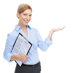 Image showing Woman, portrait and hand palm for clipboard promotion, contact us recruitment or advertising marketing space. Smile, happy worker and business hr manager showing mock up on isolated white background