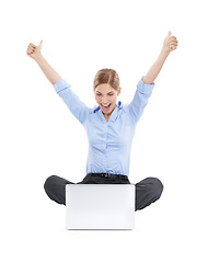 Image showing Thumbs up, celebration and business woman with laptop in studio isolated on white background. Winner, computer and female celebrating goals, target achievement or success, lottery victory or winning.