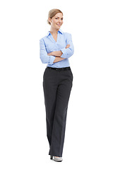 Image showing Leadership, body portrait of business woman with confident smile and motivation for startup success on white background. Corporate fashion, professional confidence and woman ceo standing in studio.