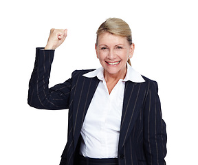 Image showing Business woman, winner and success with corporate achievement, goals and leadership isolated on white background. Champion, portrait and professional win with happy senior executive and motivation