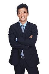 Image showing Asian businessman, portrait or arms crossed on isolated white background in financial growth ideas or innovation goals. Smile, manager or corporate leadership on studio backdrop mock up or about us