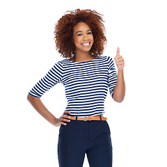 Image showing Thumbs up, happy and portrait of a black woman in a studio with a casual, stylish and cool outfit. Fashion, smile and African female model with an approval gesture isolated by a white background.