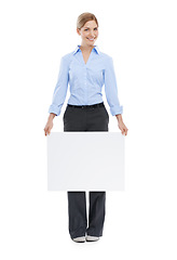 Image showing Poster, banner and happy business woman portrait with space, billboard or mockup for advertising. Female with brand announcement, product placement or signage for logo on isolated white background