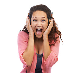 Image showing Scream, headphones and woman on a white background with wow face for news or announcement on audio. Surprise, winning and winner black woman listening to music or radio on streaming service in studio