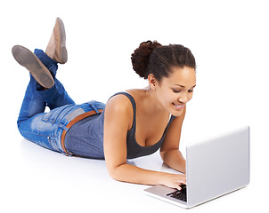 Image showing Black woman, study and laptop on a floor for research, writing and online project in studio. Education, typing and woman learning, university and internet search, creative and white background mockup