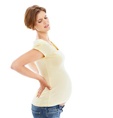 Image showing Woman, pregnant and back pain in studio by white background with frustrated face, hands and massage. Pregnant woman, future mother and stomach with injury, backache or isolated self care for wellness