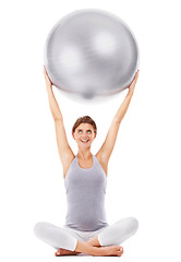 Image showing Pregnant woman, smile and exercise ball with white background for fitness, pilates and wellness. Pregnancy, medicine ball and workout in studio for healthy maternity, yoga training and body energy