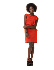 Image showing Fashion, beauty and portrait of a black woman in a studio with a fancy, luxury and stylish dress. Style, trendy and African female model in cool, red and beautiful outfit isolated by white background