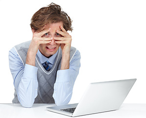 Image showing Anxiety, scared and portrait of a businessman with a laptop reading an email, stress and frustrated. Burnout, worried and professional employee concerned about news on a computer on white background