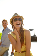 Image showing Travel couple, road trip car park and happy woman on holiday adventure, transportation journey or fun summer vacation. Freedom peace, laughing driver and driving girl relax in Portugal countryside