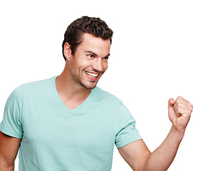 Image showing Happy man, cheerful and smile in celebration for winning, discount or goal against a white studio background. Isolated male model winner smiling and celebrating win, sale or achievement on mockup