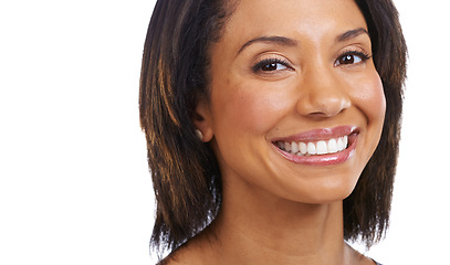 Image showing Happy, smile and portrait of black woman on a white background for cosmetics, healthy teeth and facial. Natural beauty, relax lifestyle and face of beautiful girl with big smile, makeup and confident