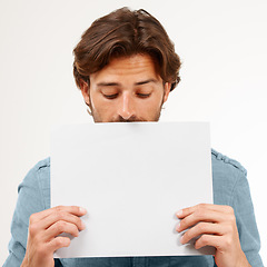 Image showing Man, hands and holding blank poster for marketing, advertising or message on mockup. Hand of male with white empty paper or billboard standing for copy space, branding or logo for advertisement