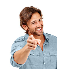 Image showing White background, smile and portrait of man pointing in studio for motivation, choice and encouragement in studio. Marketing, advertising and mockup of male with hand gesture, point finger and sign