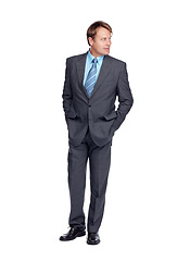 Image showing Style, business and mature man in a studio with a luxury, classy and stylish suit outfit. Fashion, corporate and male model from Australia with fancy and elegant clothes isolated by white background.