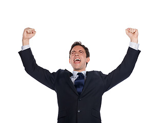 Image showing Business man, success and winner with achievement in career, celebrate and champion isolated on white background. Happy man, excited about professional win and cheers with leadership and celebration