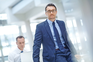 Image showing Leader, office portrait and business man, mentor or ceo manager working in trading, stock market or investment company. Financial economy, bitcoin mining and confident crypto trader or broker sitting