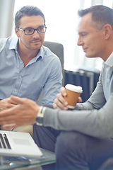 Image showing Laptop, corporate lounge and business people collaboration on feedback review of financial portfolio, stock market or investment. Economy, partnership and team work on forex, bitcoin or nft trading