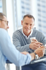 Image showing Teamwork, data analytics or business people with tablet pointing at company finance growth or financial review. Research, coffee or employee in office for collaboration, data analysis or investment