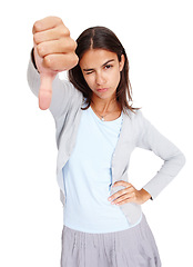 Image showing Young woman, hand and thumbs down with wink in disappointment, fail or wrong against a white studio background. Portrait of isolated female showing down thumb to disagree, incorrect or negative