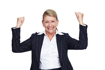 Image showing Business woman, winner and success with professional achievement, goals and leadership isolated on white background. Champion, portrait and corporate win with happy senior executive and motivation