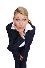 Image showing Wow, surprise and business woman on a white background for office gossip, secrets and information. Corporate fashion, manager and senior worker isolated in studio with shock, omg and amazed face