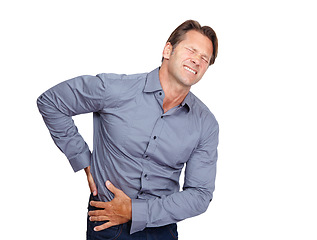 Image showing Back pain problem, studio and business man with emergency crisis, employee work injury or hurt spine. Medical healthcare, muscle strain accident and corporate worker with backache on white background