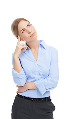 Image showing Thinking, doubt and a business woman with ideas isolated on a white background with a decision or choice. Face of a female entrepreneur in studio with a question or idea for advertising and marketing