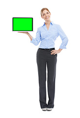 Image showing Laptop, green screen and portrait of businesswoman, white background and isolated studio of mockup advertising. Happy worker, female model and mock up computer, internet technology or email marketing