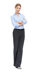 Image showing Business woman, full body portrait and mockup with confident smile, leadership and motivation on white background. Corporate fashion, professional confidence and happy woman boss standing in studio.