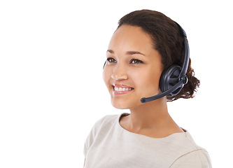 Image showing Contact us, customer support and woman mockup for crm call center with a happy smile. White background, studio and black woman employee with headset for customer support work and isolated mock up