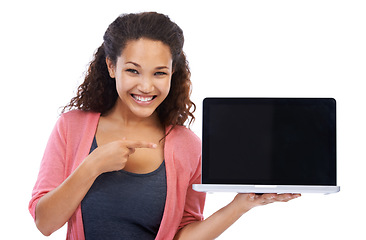 Image showing Woman in portrait with laptop mockup, technology and internet, wireless connection against white background. Female hand pointing, pc marketing and digital with website and tech product placement